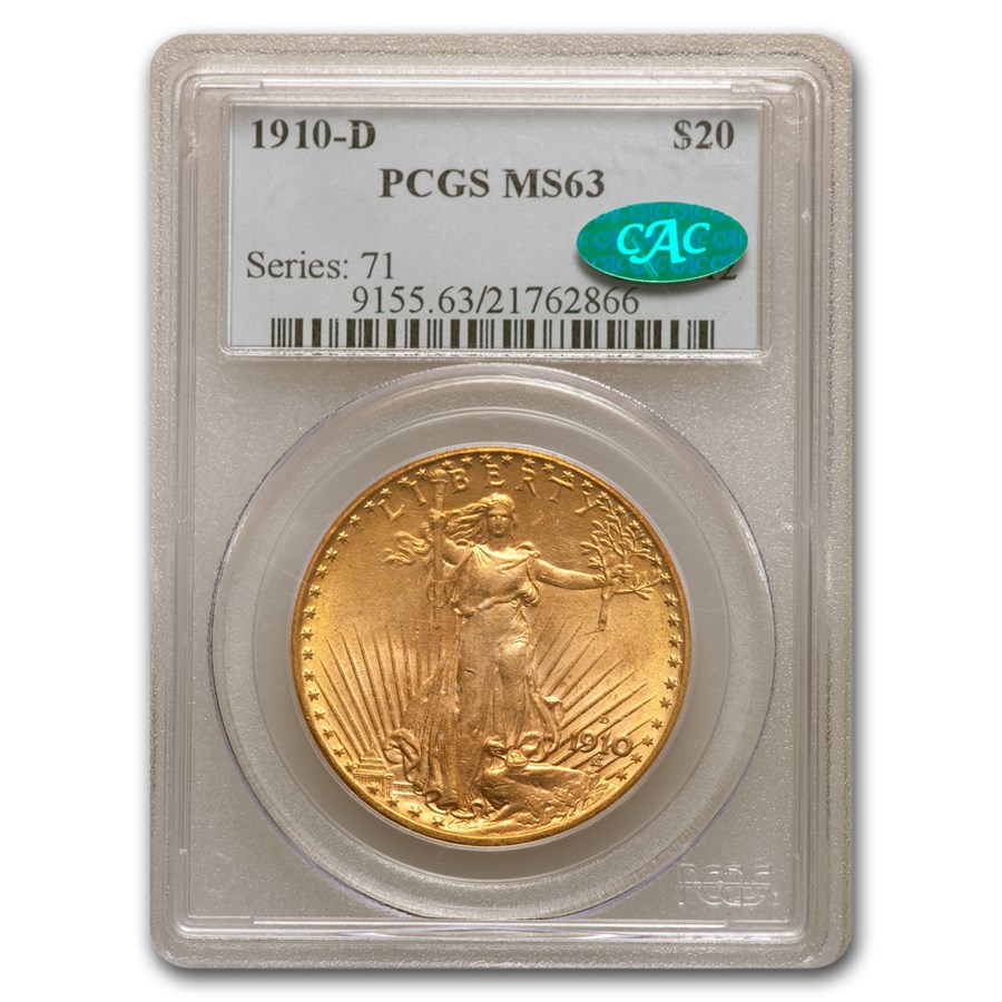 1910-D $20 St Gaudens Gold Double Eagle MS-63 PCGS CAC