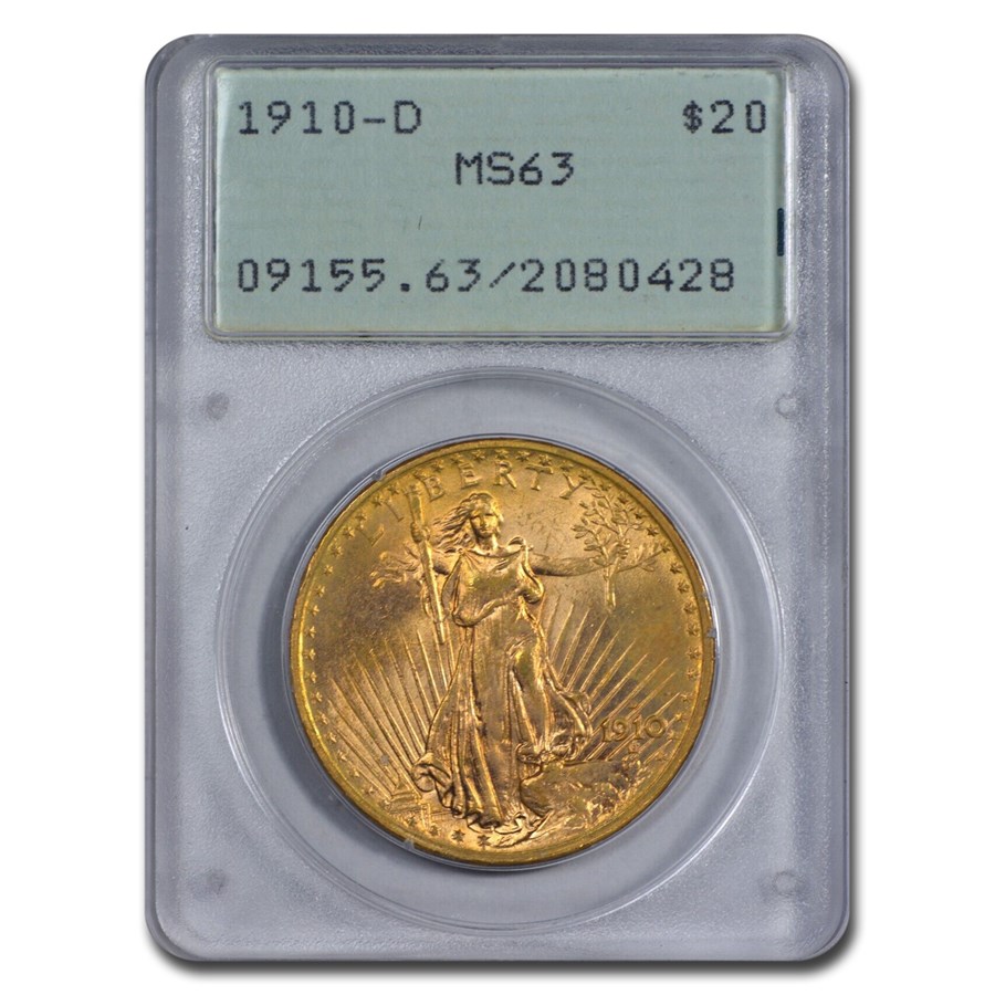1910-D $20 St Gaudens Gold Double Eagle MS-63 PCGS (Rattler)
