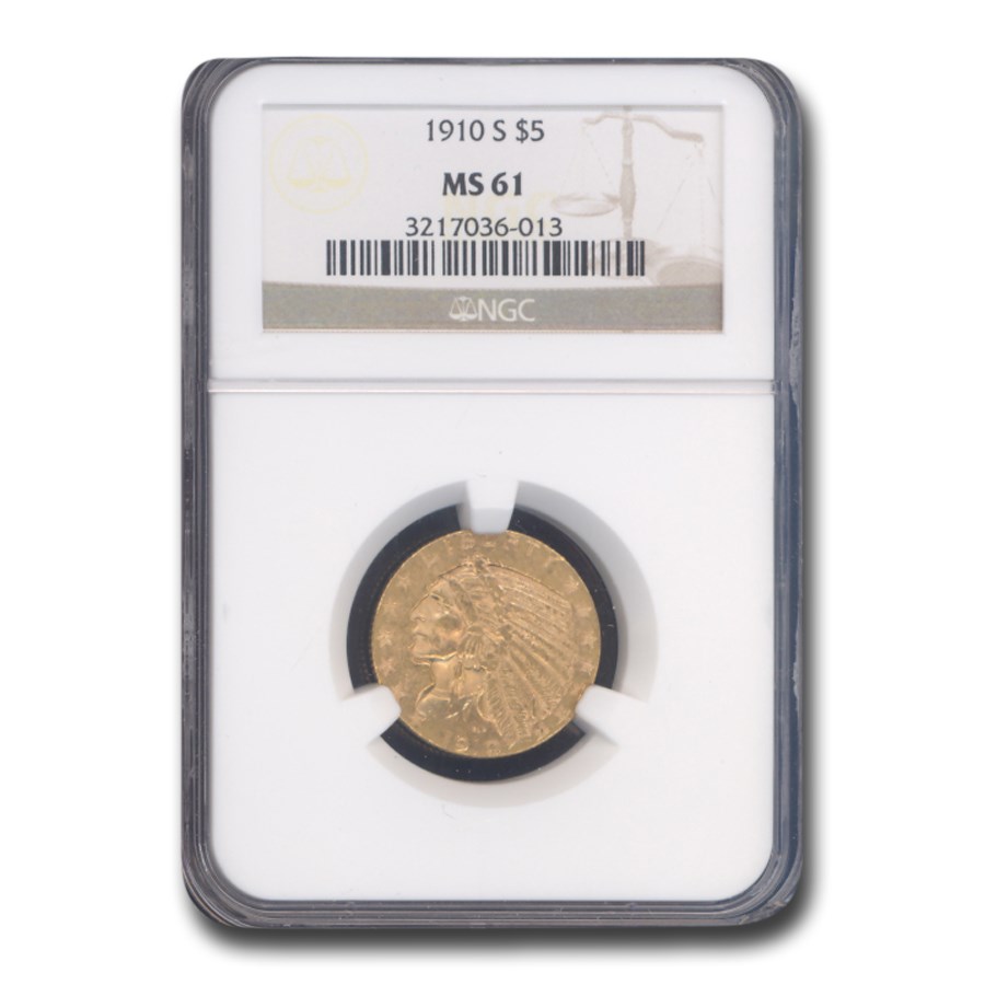 1910-S $5 Indian Gold Half Eagle MS-61 NGC
