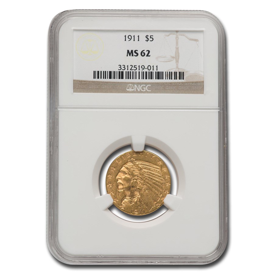 1911 $5 Indian Gold Half Eagle MS-62 NGC