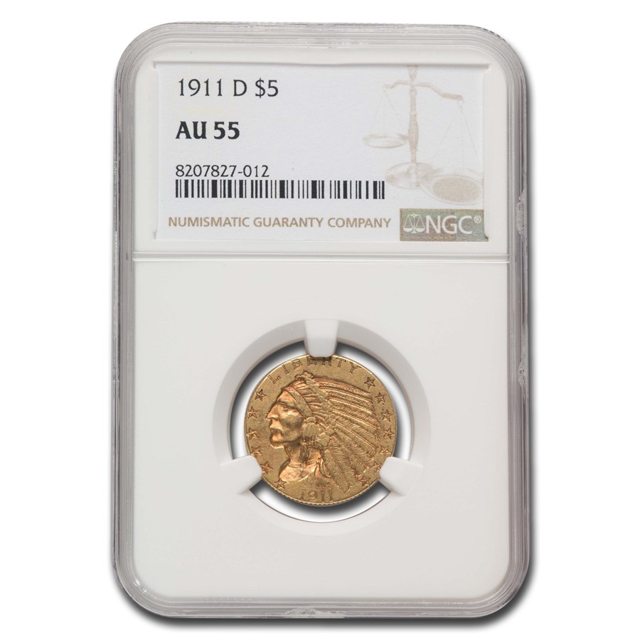 1911-D $5 Indian Gold Half Eagle AU-55 NGC