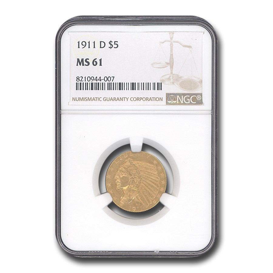 1911-D $5 Indian Gold Half Eagle MS-61 NGC