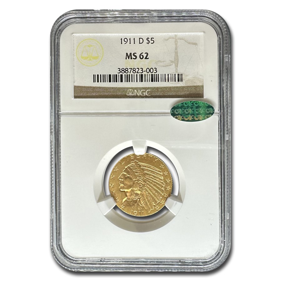 1911-D $5 Indian Gold Half Eagle MS-62 NGC CAC