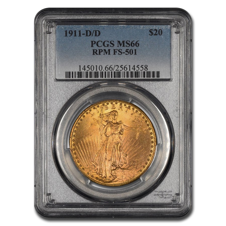 1911-D/D $20 St Gaudens Gold Double Eagle MS-66 PCGS (FS-501)
