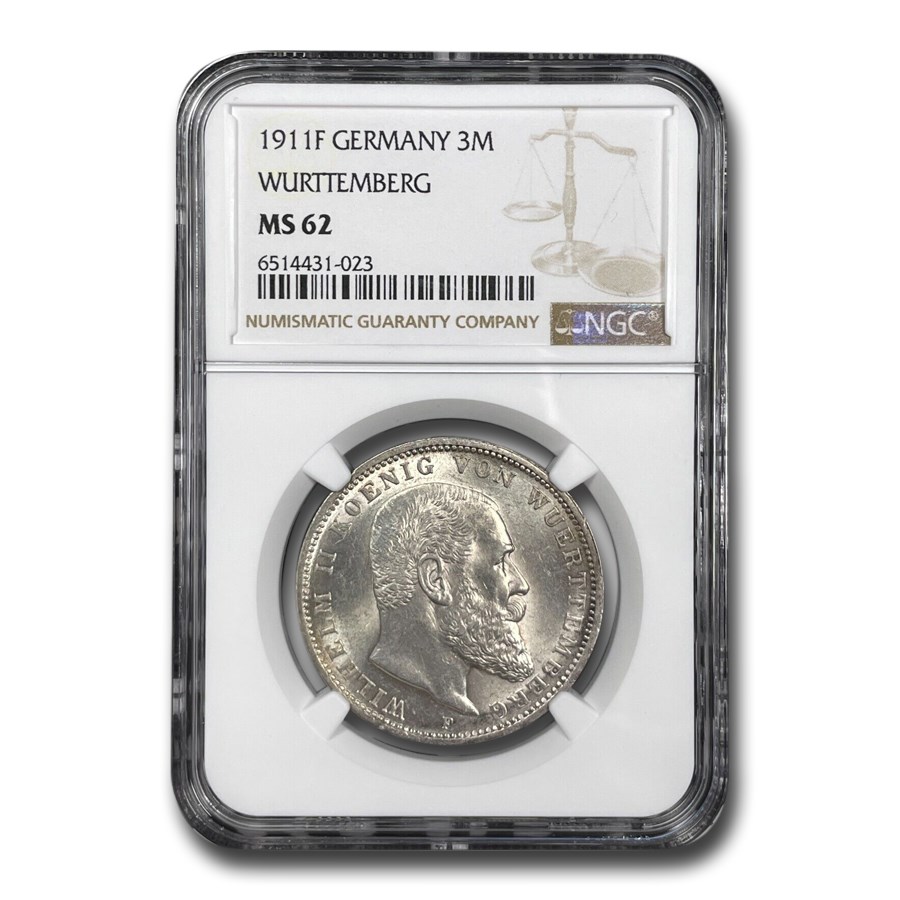 1911-F Germany Silver 3 Mark Wilhelm II MS-62 NGC