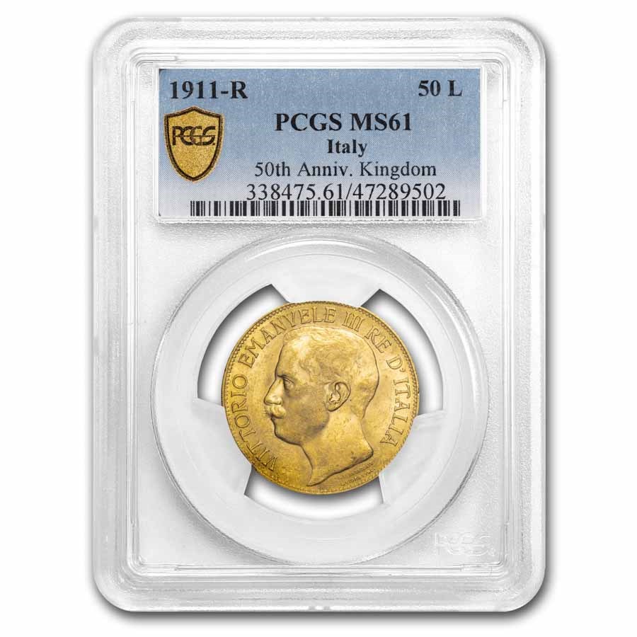 1911-R Italy Gold 50 Lire Emanuele III MS-61 PCGS