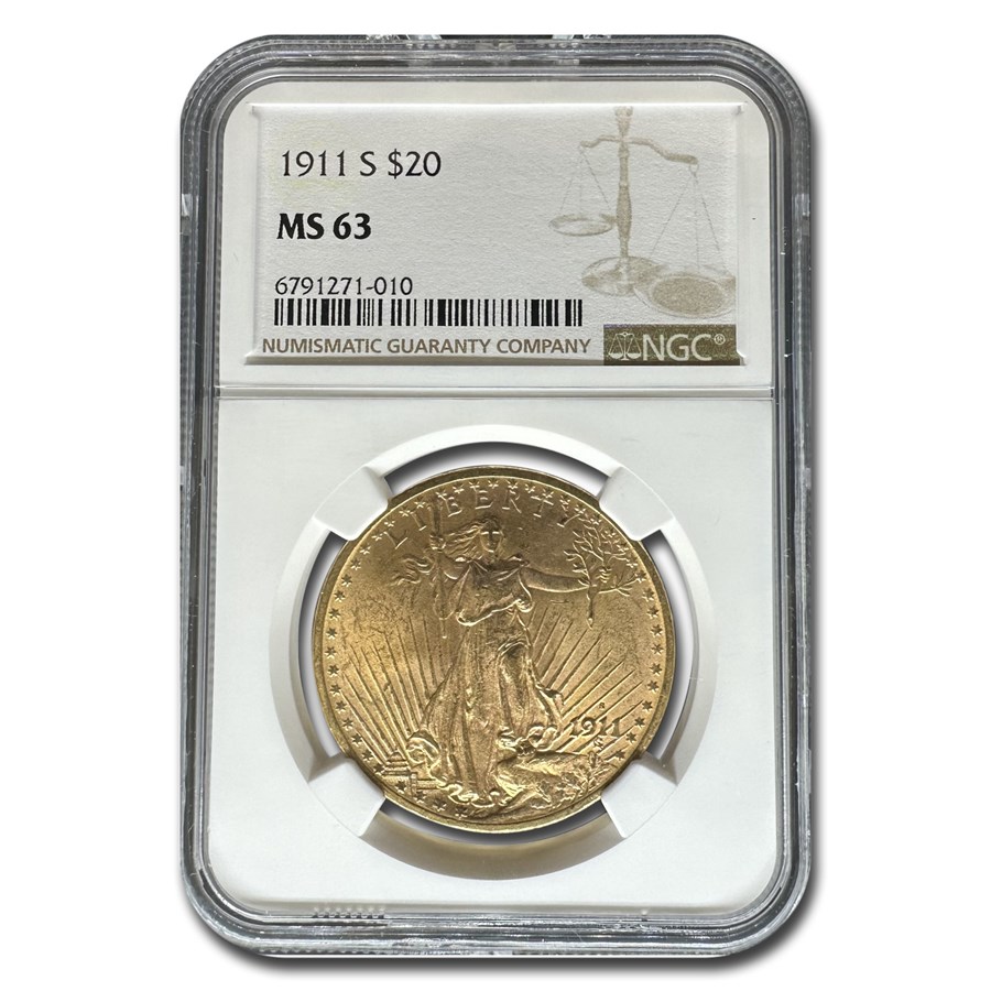 1911-S $20 St Gaudens Gold Double Eagle MS-63 NGC