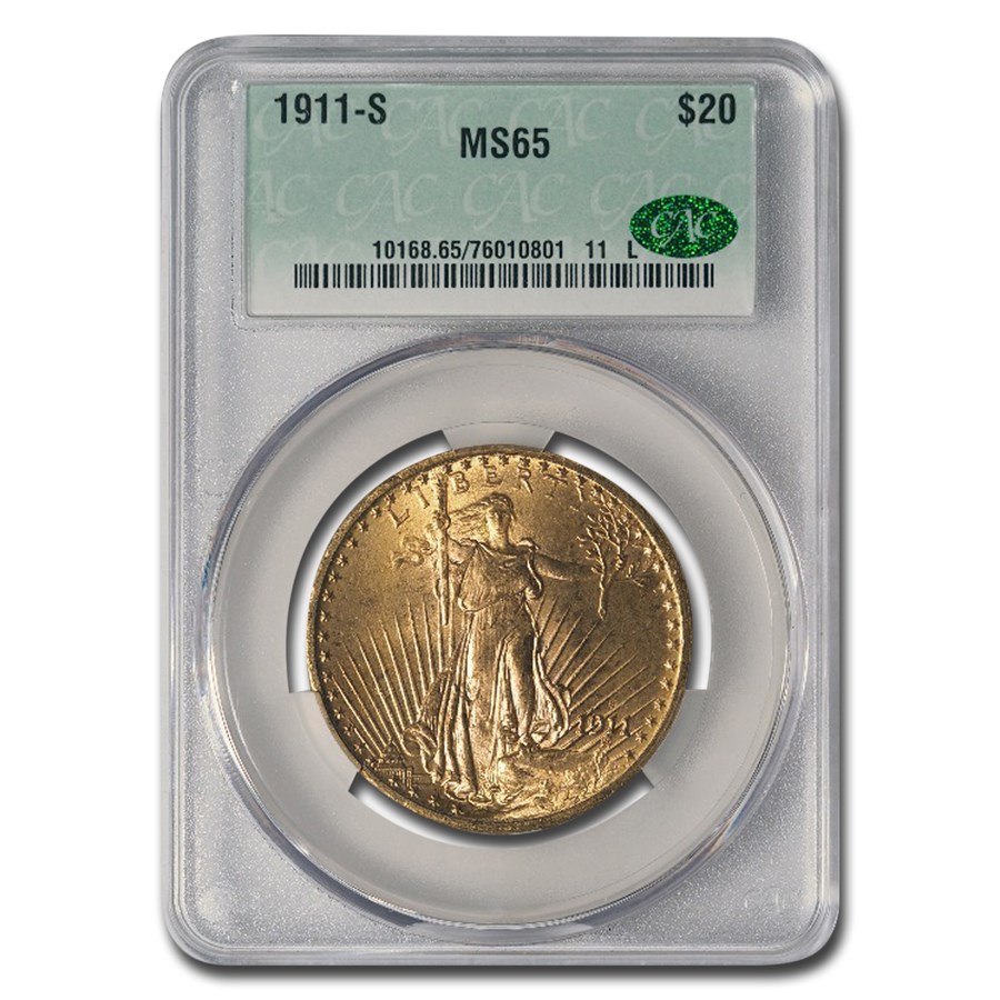 1911-S $20 St Gaudens Gold Double Eagle MS-65 CACG