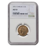 1911-S $5 Indian Gold Half Eagle AU-53 NGC (Weak S)