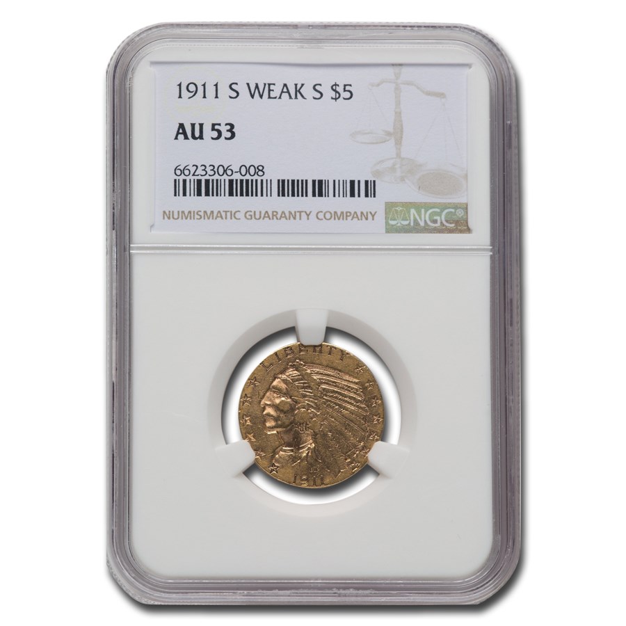 1911-S $5 Indian Gold Half Eagle AU-53 NGC (Weak S)