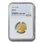 1911-S $5 Indian Gold Half Eagle MS-62 NGC