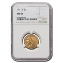 1911-S $5 Indian Gold Half Eagle MS-63 NGC