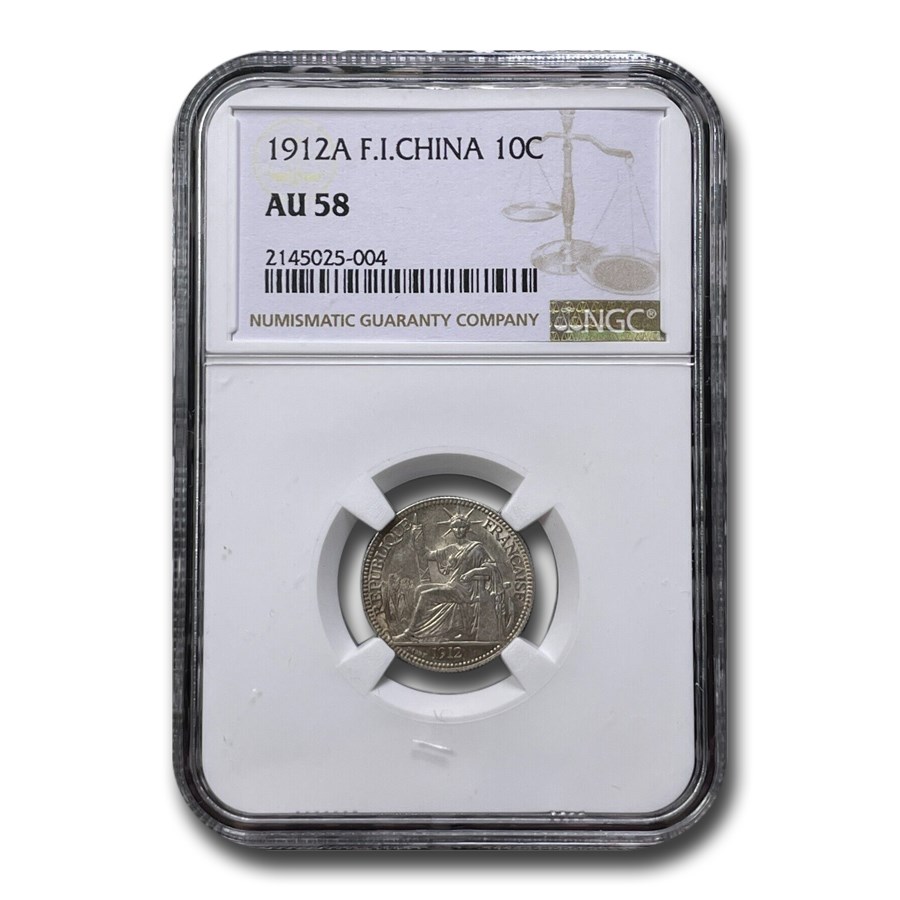 1912-A French Indo-China Silver 10 Centimes AU-58 NGC