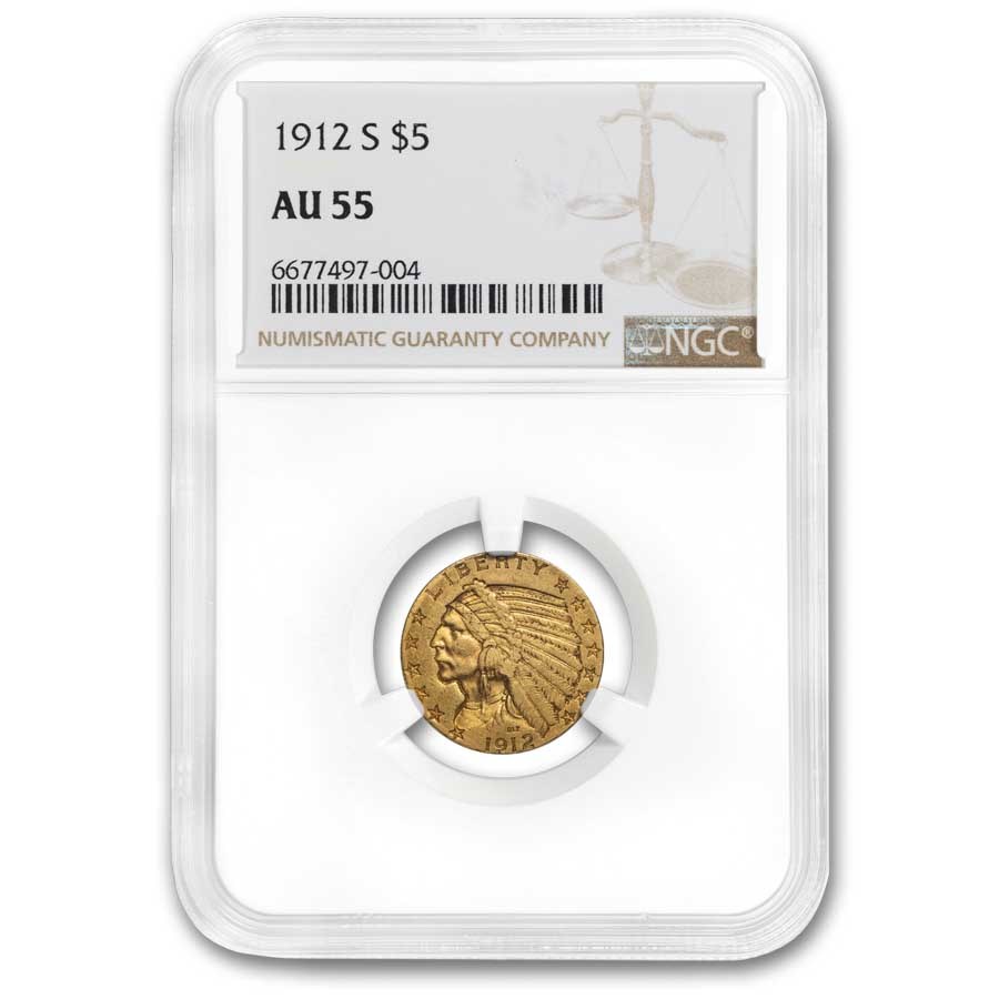 1912-S $5 Indian Gold Half Eagle AU-55 NGC