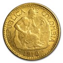 1913-1919 Colombia Gold 5 Pesos Native Chiseling Rock Avg Circ