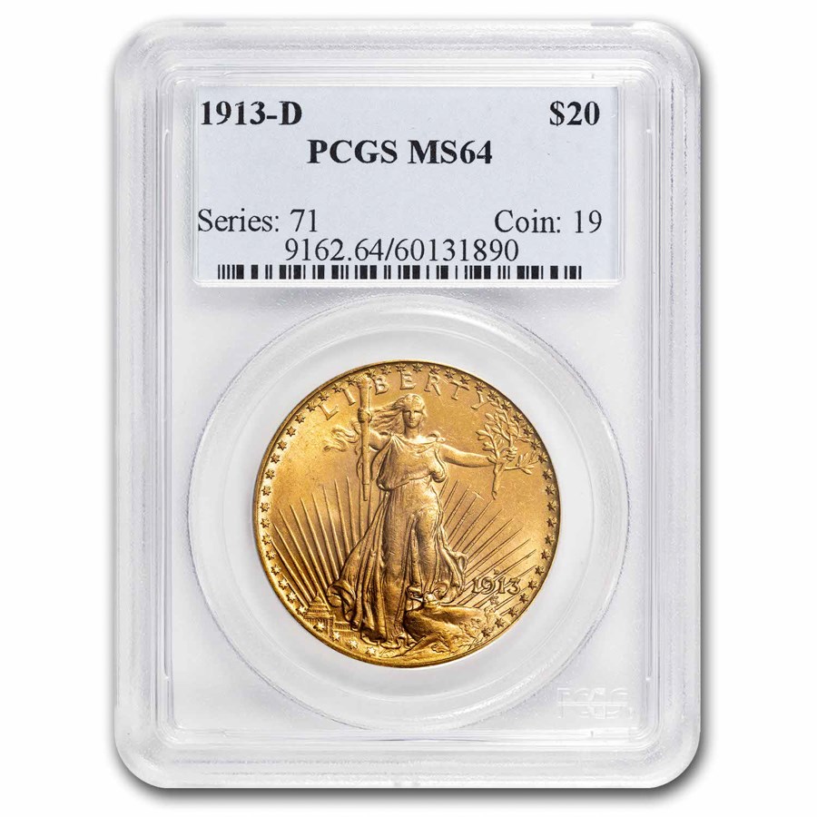 1913-D $20 St Gaudens Gold Double Eagle MS-64 PCGS