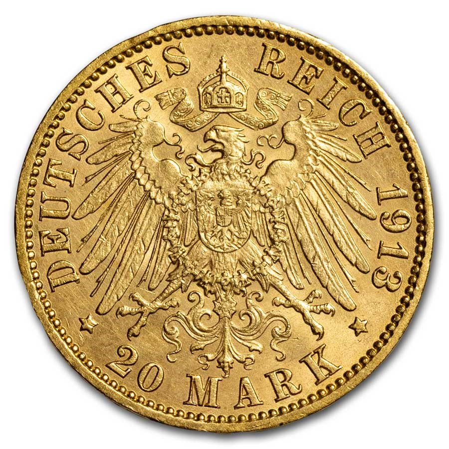 1913-J Germany Free City of Hamburg Gold 20 Mark BU