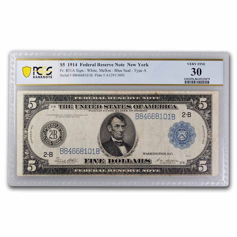 Buy 1914 (B-New York) $5.00 FRN VF-30 PCGS (Fr#851A) | APMEX