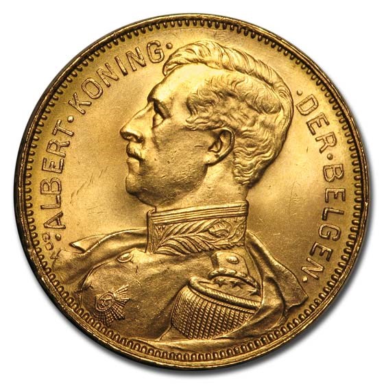 1914 Belgium Gold 20 Francs Albert I BU