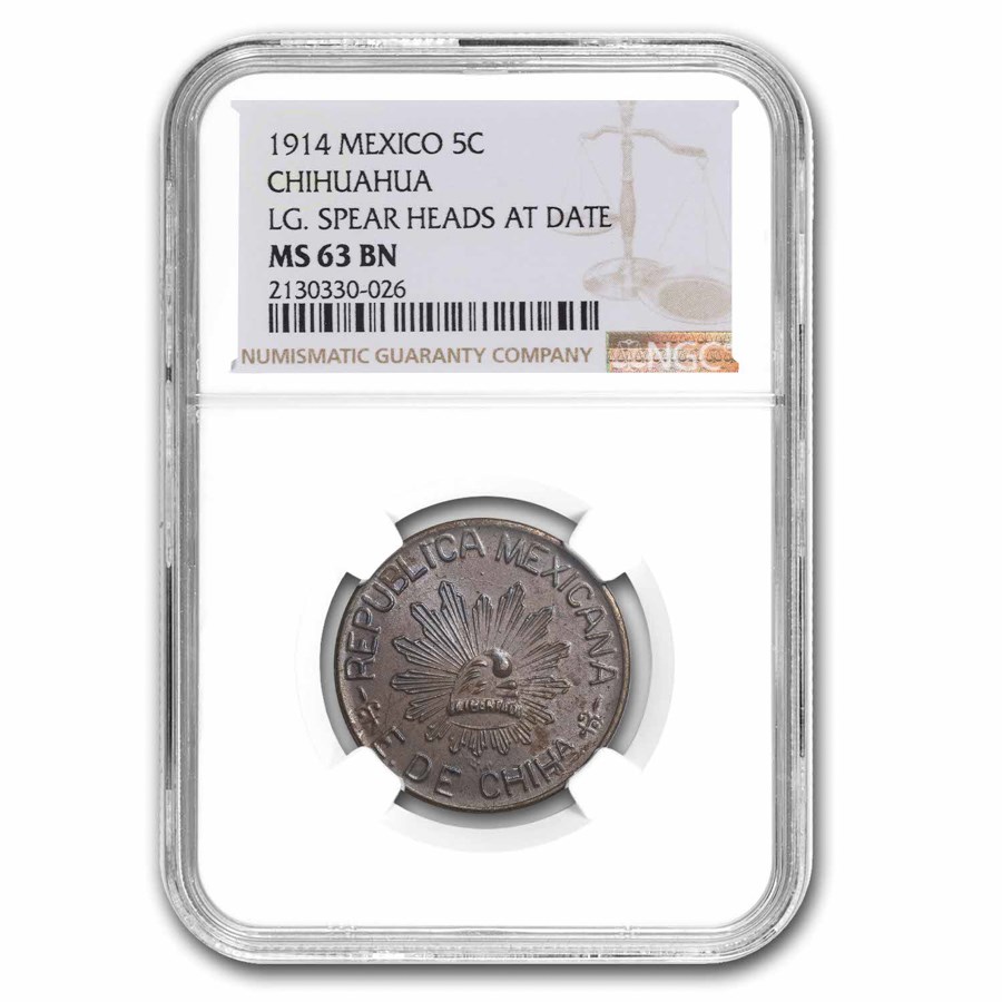 1914 Mexico Copper 5 Centavos Chihuahua MS-63 NGC (Brown)
