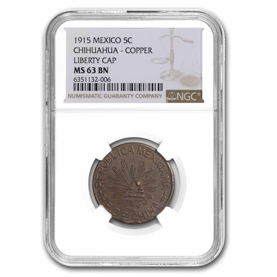 1915 Mexico Copper 5 Centavos Chihuahua MS-63 NGC (Brown)