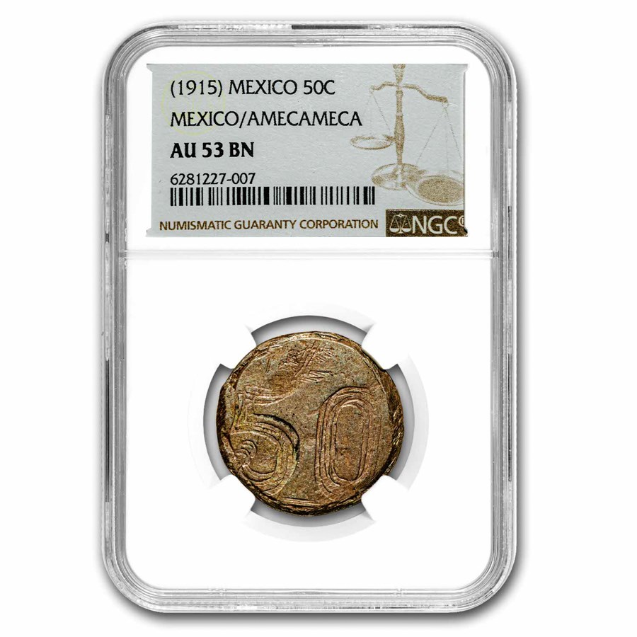 (1915) Mexico Copper 50 Centavos Amecameca AU-53 NGC (Brown)