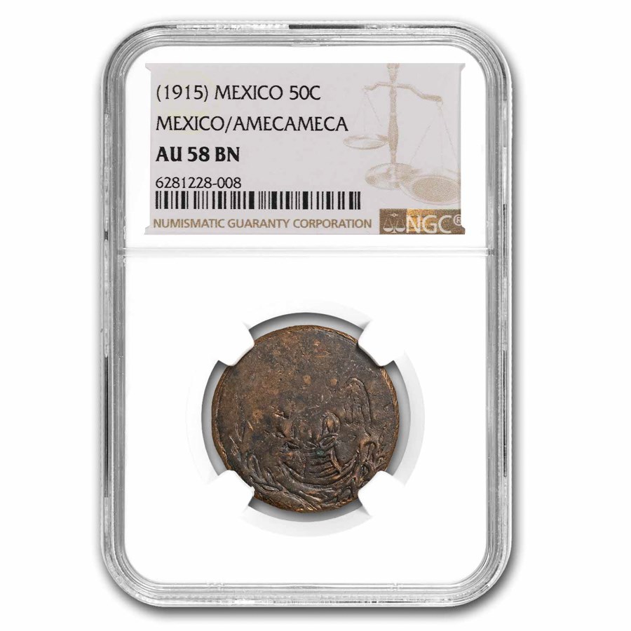 (1915) Mexico Copper 50 Centavos Amecameca AU-58 NGC (Brown)