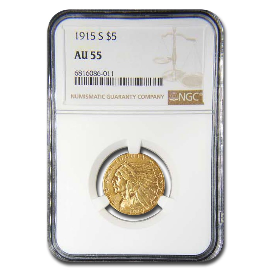1915-S $5 Indian Gold Half Eagle AU-55 NGC