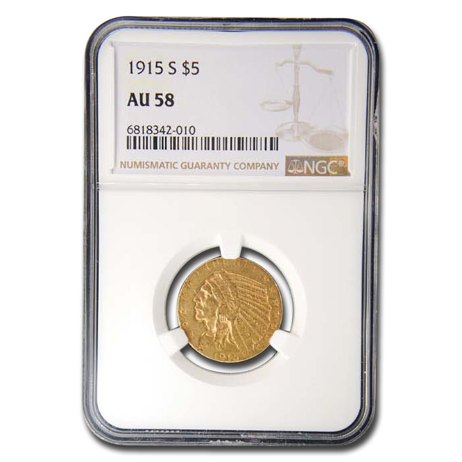 1915-S $5 Indian Gold Half Eagle AU-58 NGC