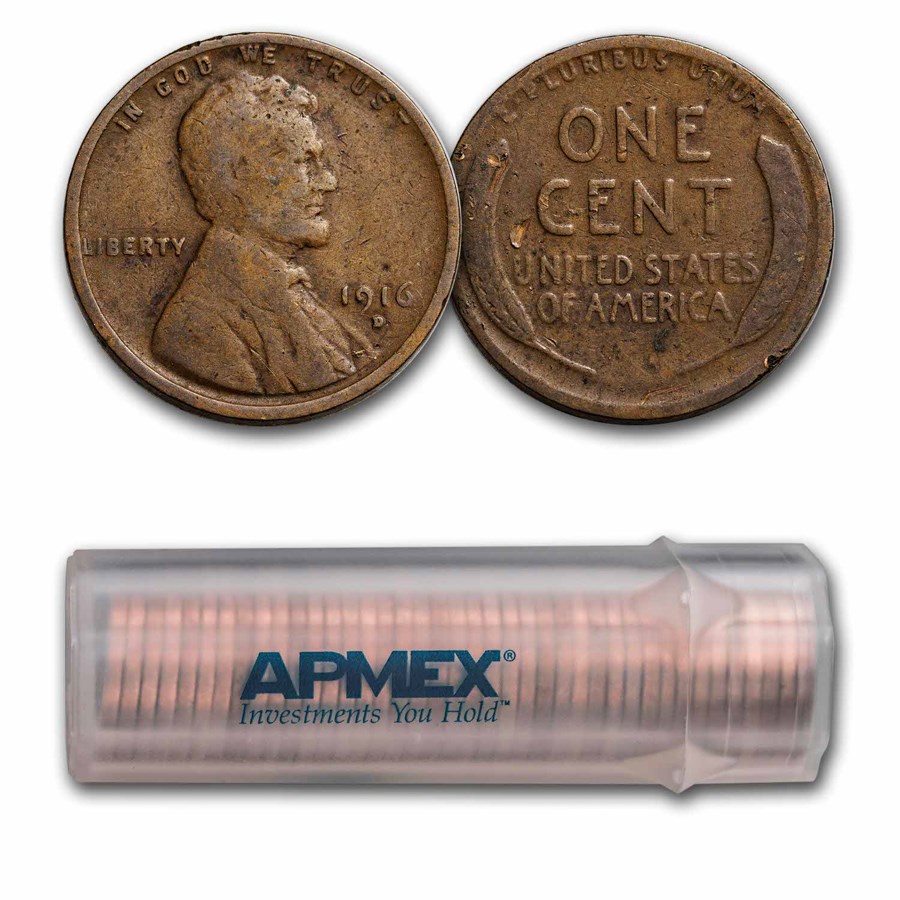 1916-D Lincoln Cent 50-Coin Roll Avg Circ