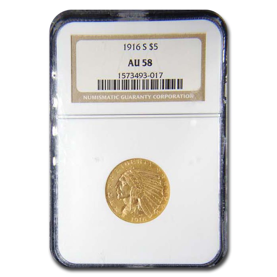 1916-S $5 Indian Gold Half Eagle AU-58 NGC