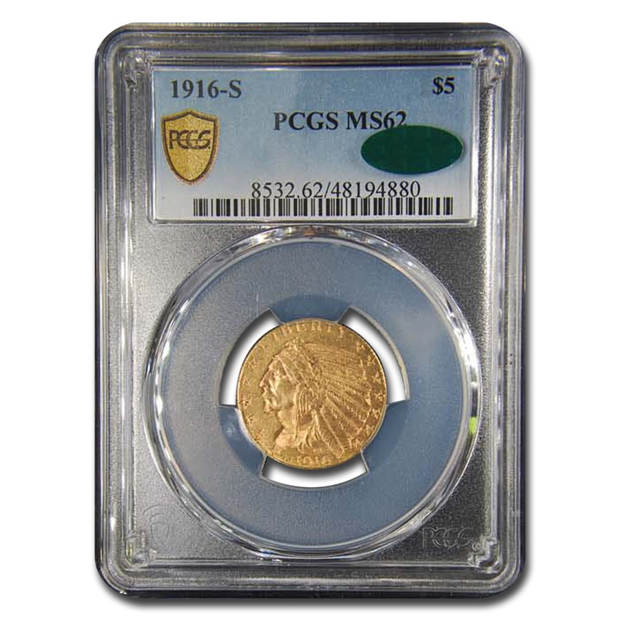1916-S $5 Indian Gold Half Eagle MS-62 PCGS CAC