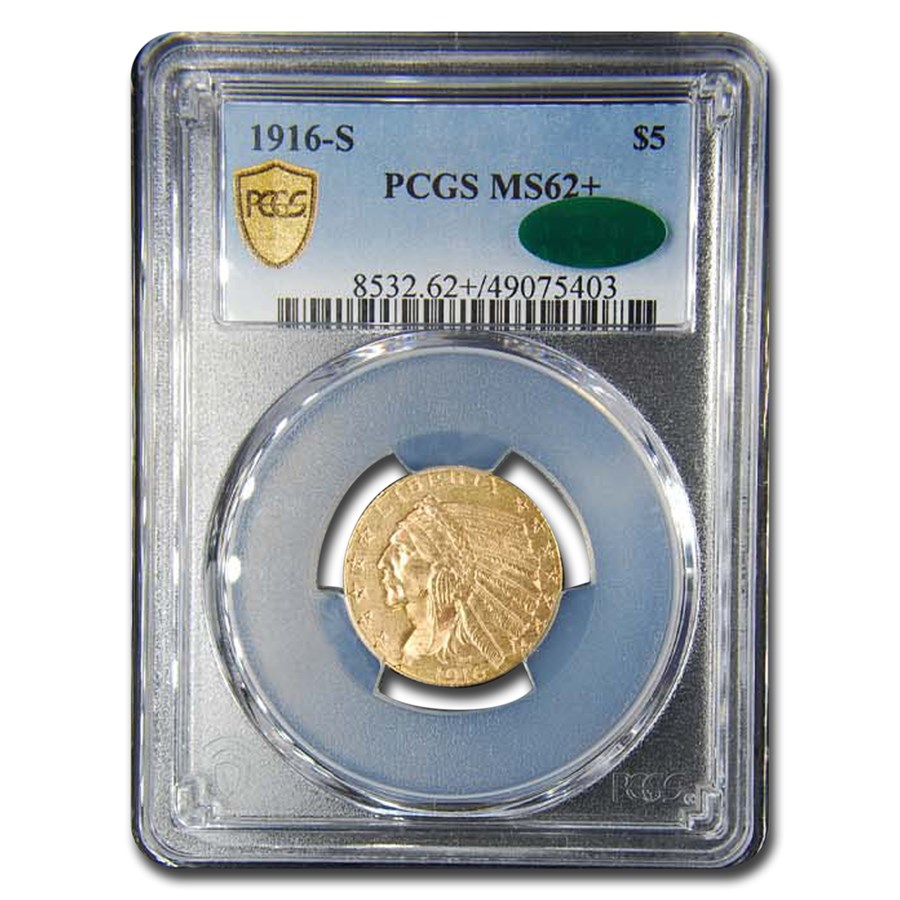 1916-S $5 Indian Gold Half Eagle MS-62+ PCGS CAC