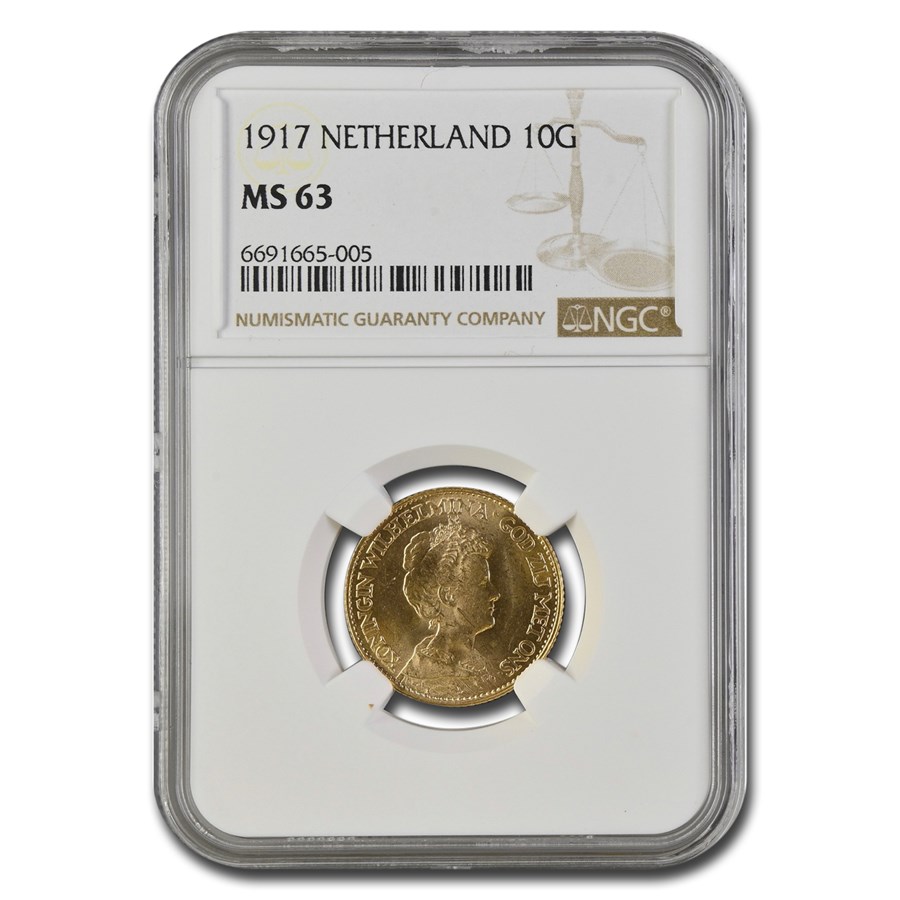 1917 Netherlands Gold 10 Guilders Wilhelmina MS-63 NGC