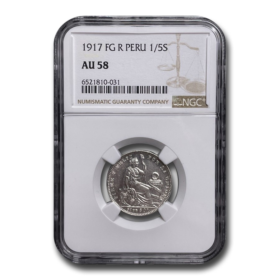 1917 Peru Silver 1/5 Sol AU-58 NGC