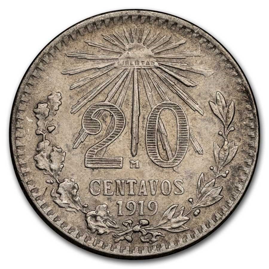 1919 Mexico Silver 20 Centavos AU