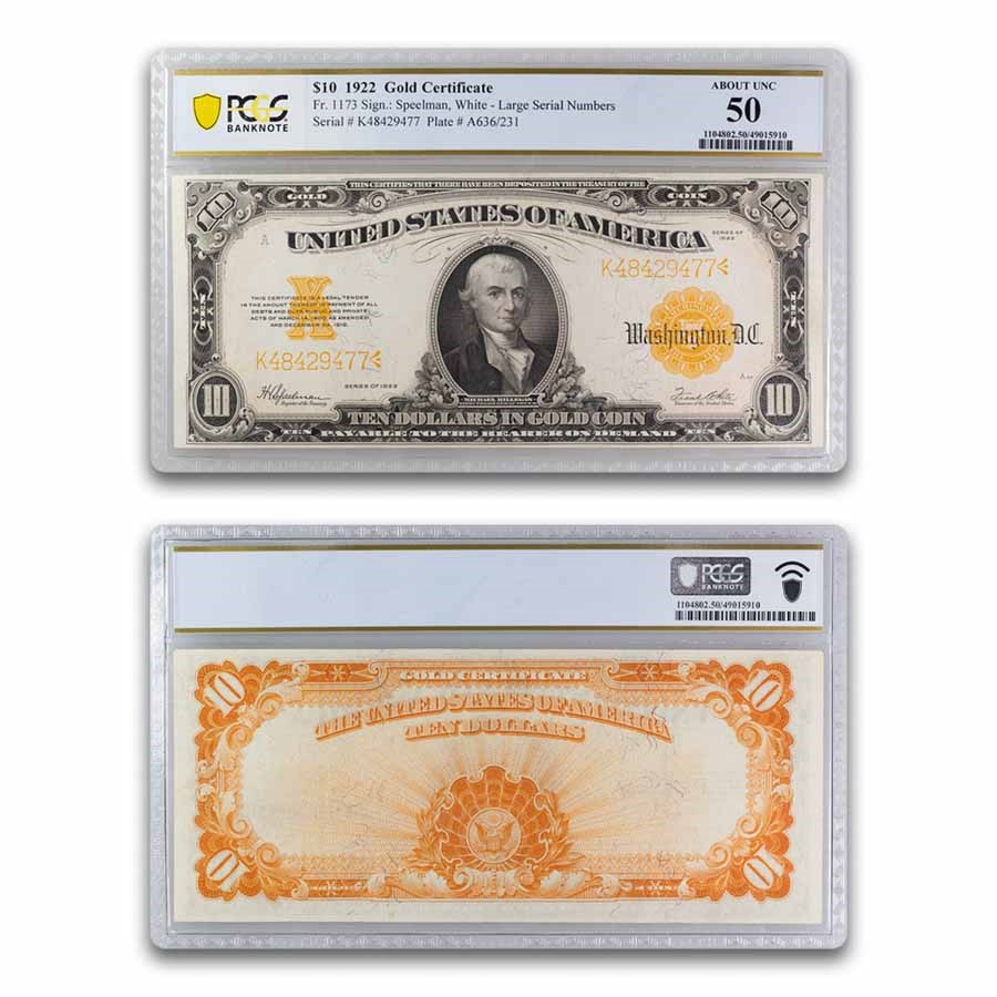 1922 $10 Gold Certificate Hillegas AU-50 PCGS (Fr#1173)