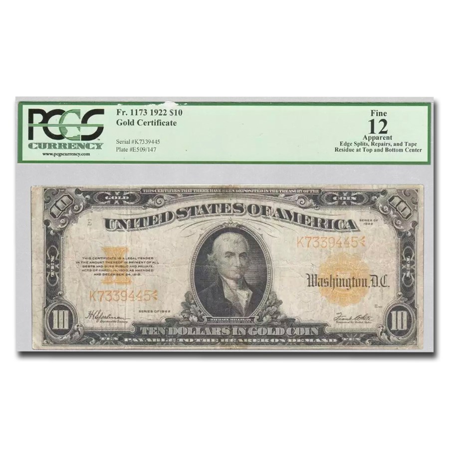 1922 $10 Gold Certificate Hillegas F-12 PCGS (Fr#1173)