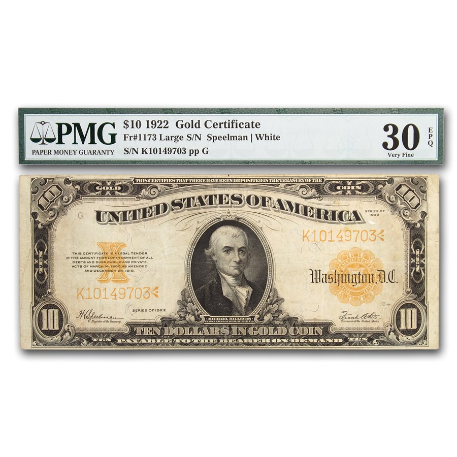 1922 $10 Gold Certificate Hillegas VF-30 EPQ PMG (Fr#1173)