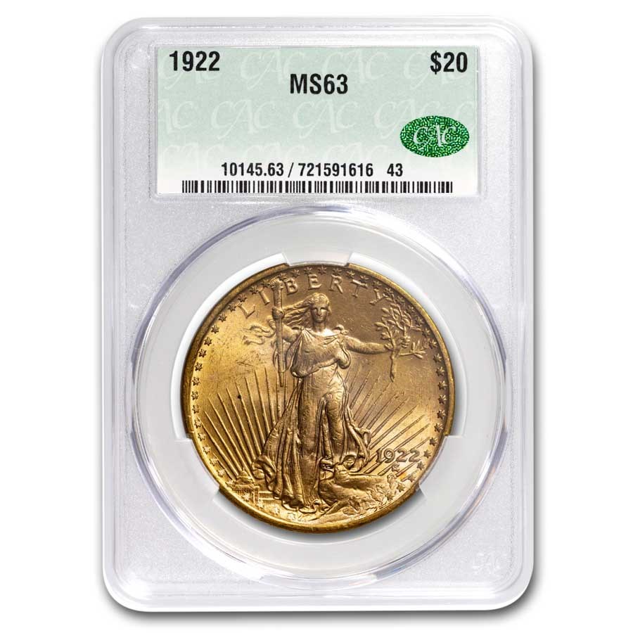 1922 $20 St Gaudens Gold Double Eagle MS-63 CACG