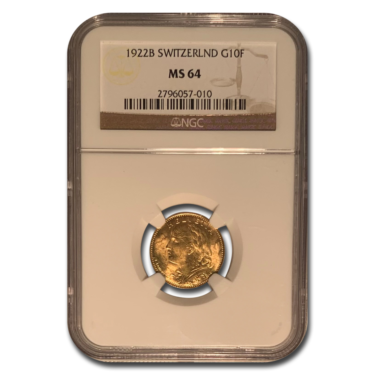 1922-B Swiss Gold 10 Francs Helvetia MS-64 NGC