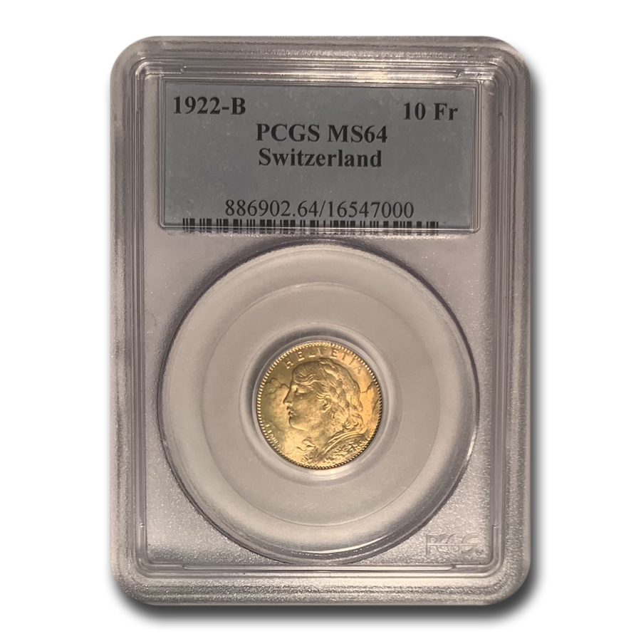 Buy 1922-B Swiss Gold 10 Francs Helvetia MS-64 PCGS | APMEX