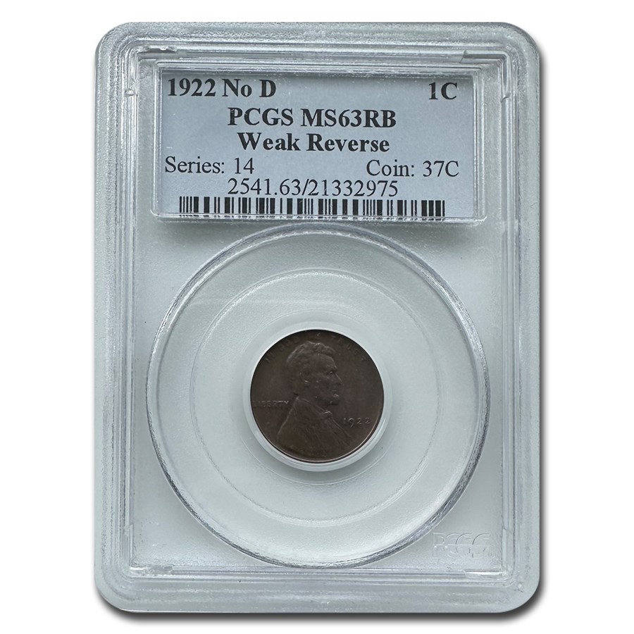 1922- No D Lincoln Cent MS-63 PCGS (Red/Brown, Weak Reverse)