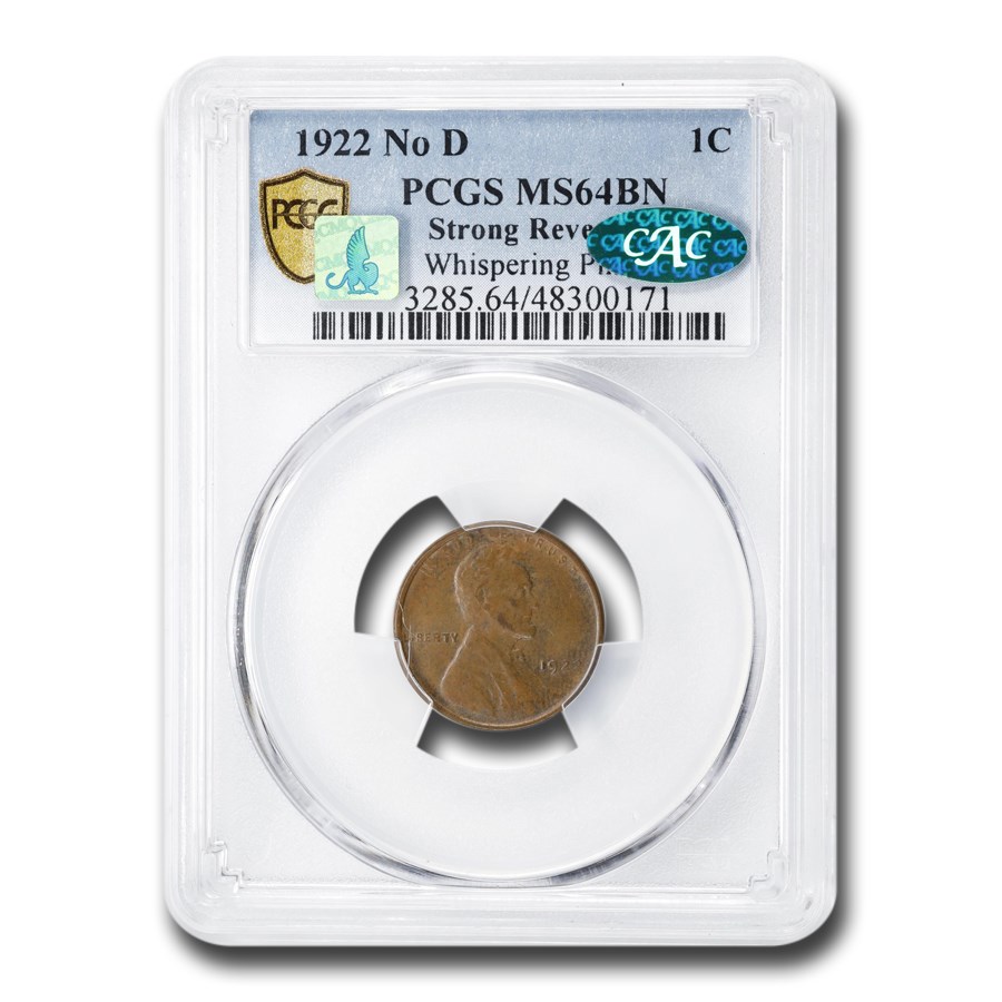 1922- No D Lincoln Cent MS-64 PCGS CAC (Brown, Strong Reverse)