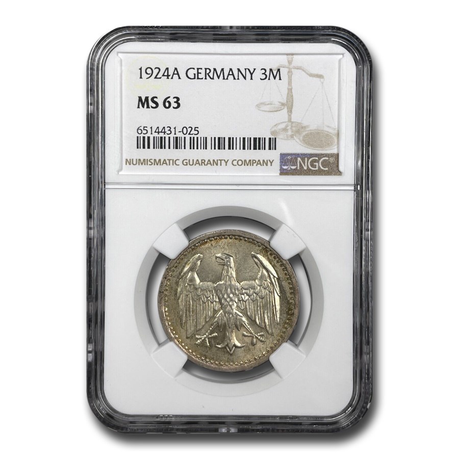 1924-A Germany Silver 3 Mark MS-63 NGC
