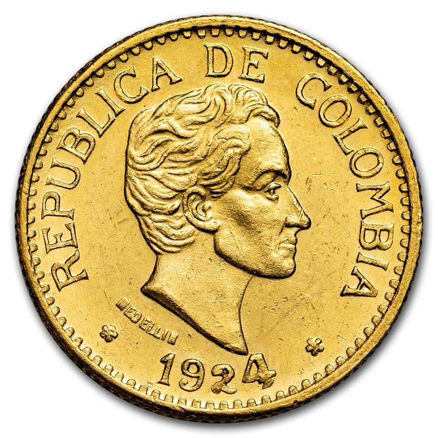 1924 Colombia Gold 5 Pesos Coin BU (Large 4)