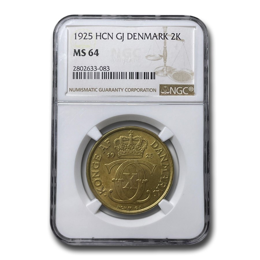 1925 Denmark 2 Kroner MS-64 NGC