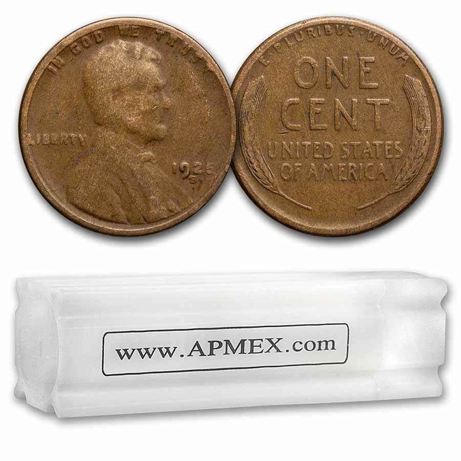 1925-S Lincoln Cent 50-Coin Roll Avg Circ