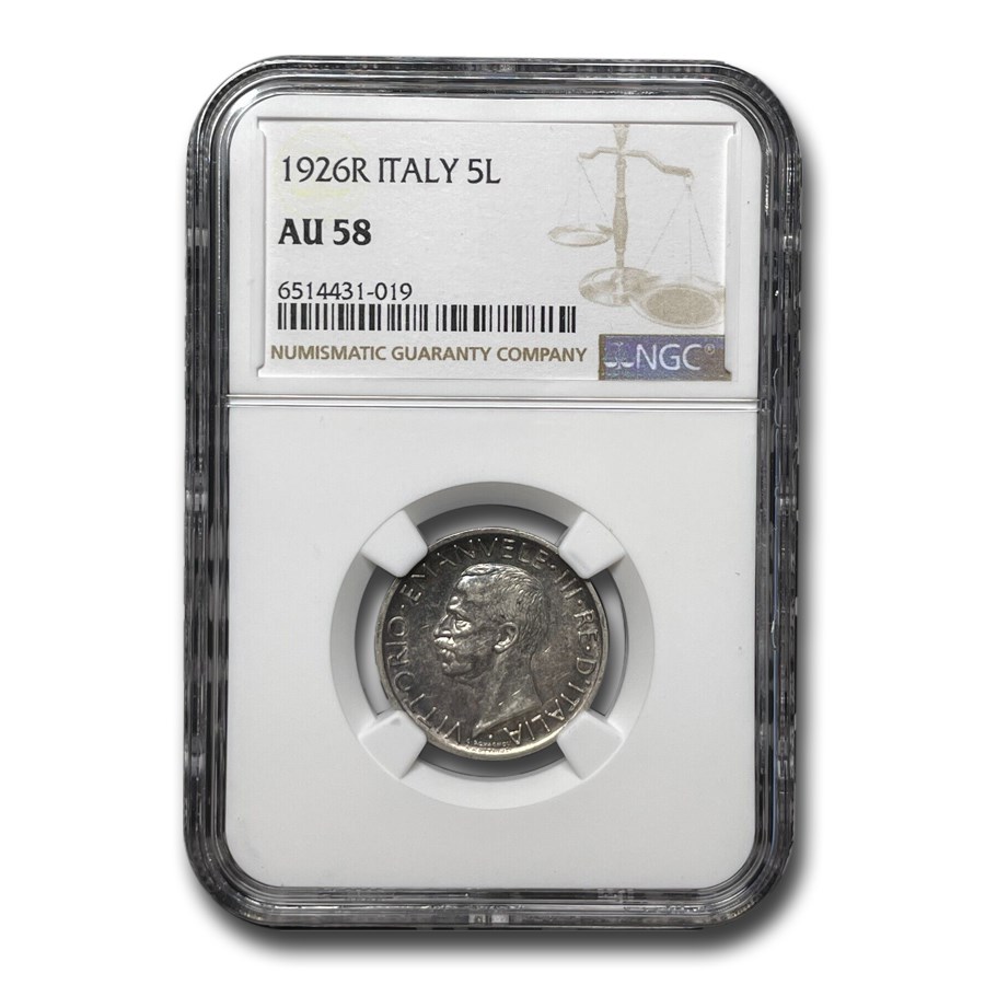 1926-R Italy Silver 5 Lire Emanuele III AU-58 NGC