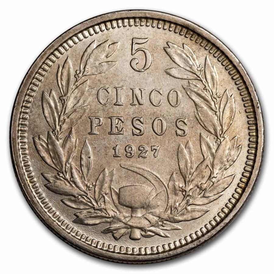 1927-So Chile Silver 5 Pesos AU